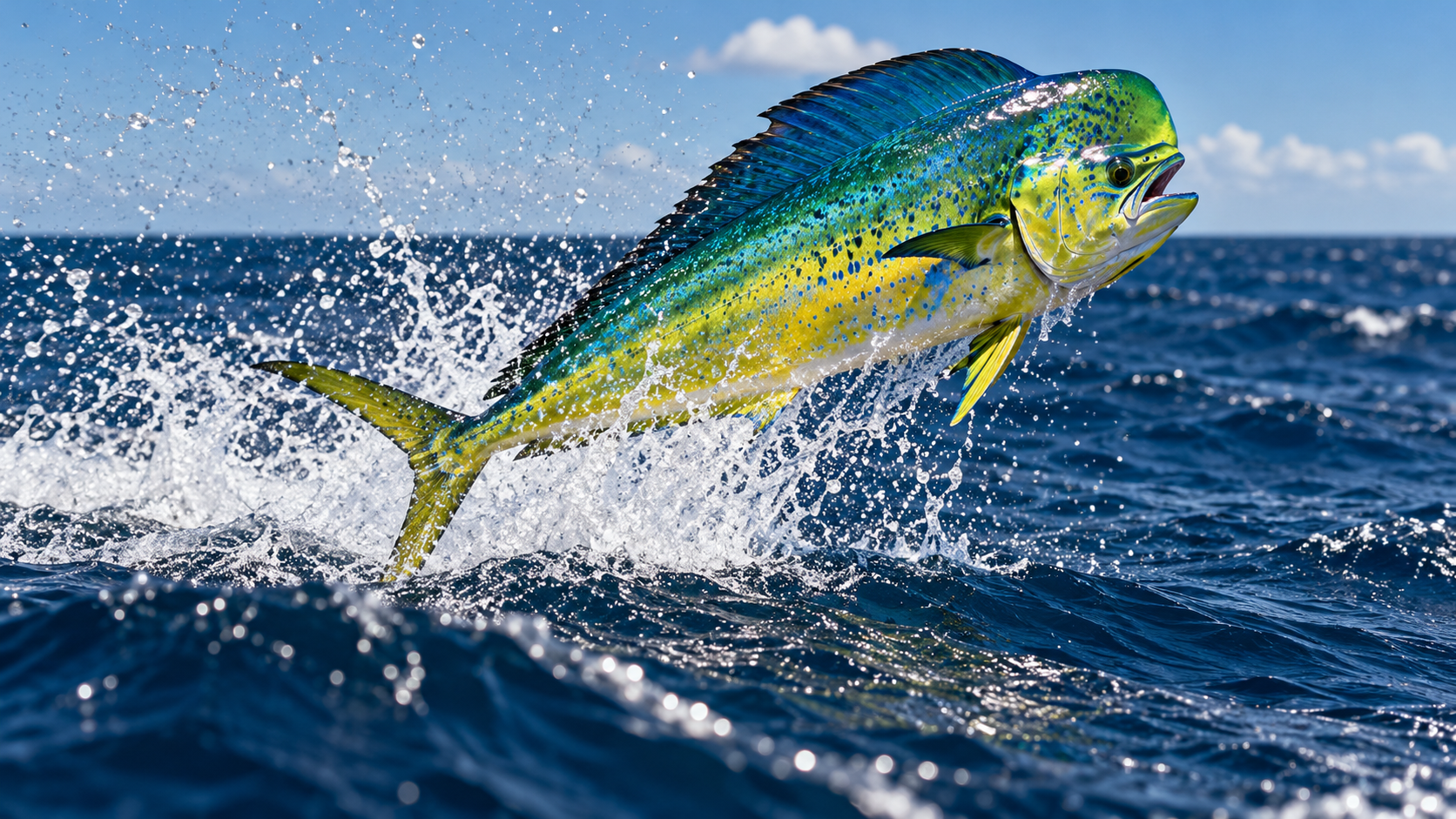 Illustrative mahi-mahi leaping from cobalt offshore water
